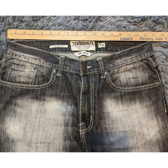 Ecko Unlimited Jeans Mens Size 32x32 Hang 'Em High Relaxed Fit Faded Dark Denim - Picture 5 of 8